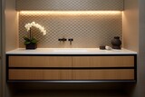 Floating Vanity Bathroom Designs: Grid Pattern Tiles for Stylish Wall and Vanity Design