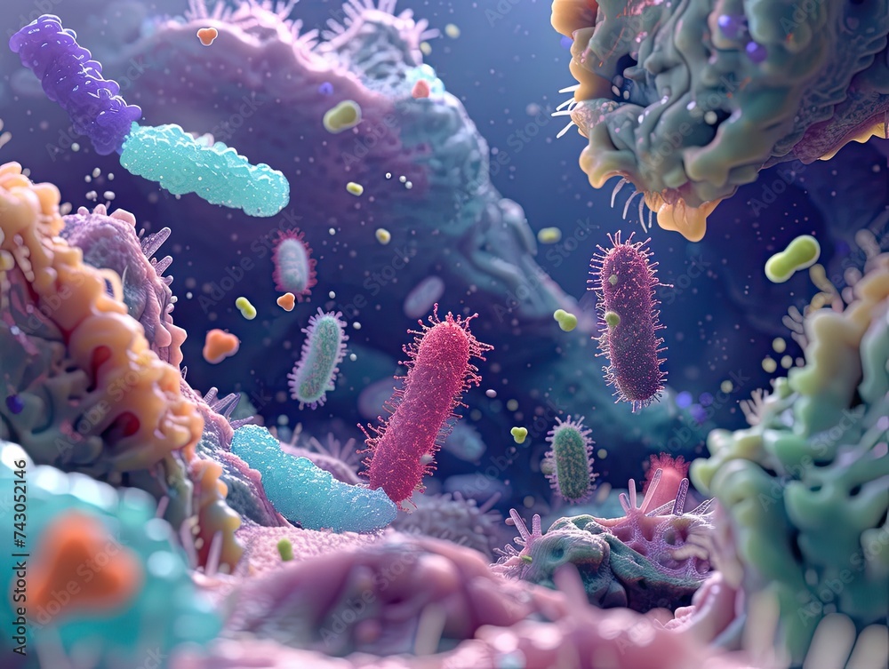 A 3D representation of beneficial bacteria interacting with essential micronutrients - obrazy, fototapety, plakaty 