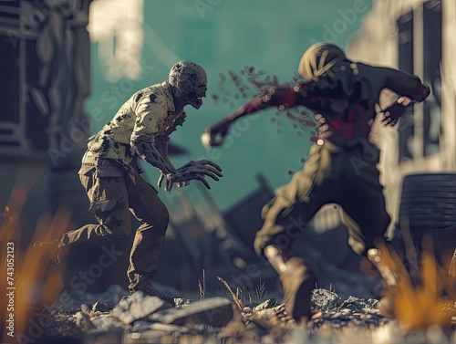 A 3D rendered illustration presenting suspenseful showdown between a formidable survivalist and a looming zombie menace