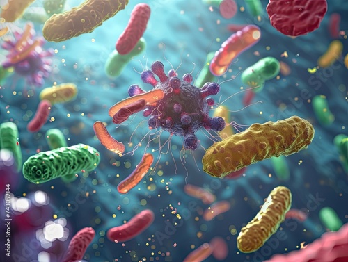 A 3D representation of beneficial bacteria interacting with essential micronutrients photo