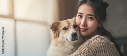 Asian woman walking the dog. with copy space image. Place for adding text or design photo