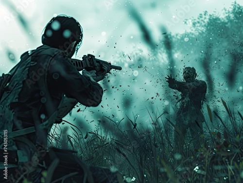 Depict a poignant scene in 3D rendering of a brave hero aiming at a terrifying zombie