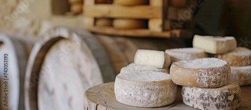 A collection of various cheeses, including Saint Nectaire, placed on a rustic wooden table. photo