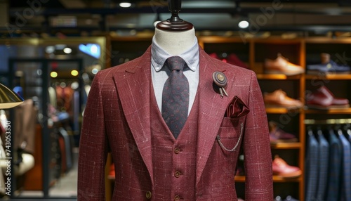 Monochrome men s burgundy suit on mannequin in modern boutique with copy space for text placement
