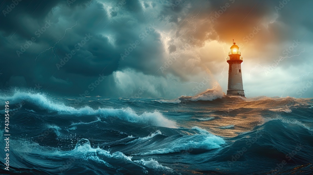 A lonely lighthouse in a stormy sea at twilight