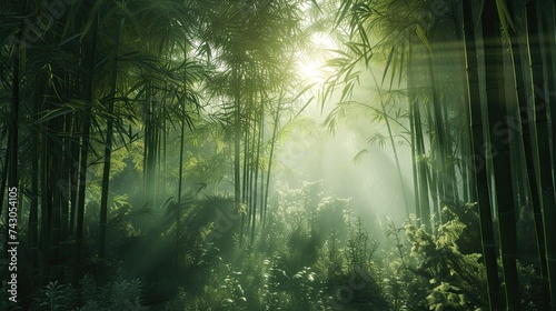 A dense bamboo forest with sun rays peeking through