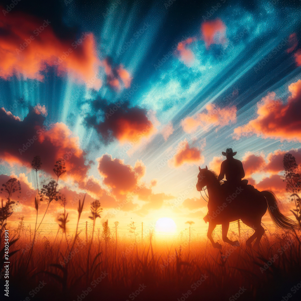 A solitary cowboy riding off into the sunset