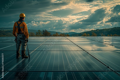 A man is standing on a solar panel enjoying the calm natural landscape with the sky, clouds, and horizon in the background, surrounded by water and asphalt