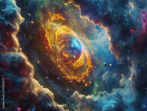 A 3D animated model that intricately details the birth of a galaxy from the Big Bang intertwined with vibrant nebulas and various celestial bodies