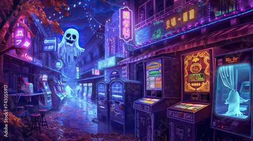 A celestial backdrop of an afterlife inspired arcade full of shimmering neon lights and floating ghostly apparitions