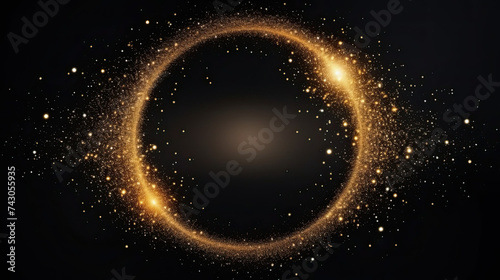 Gold glitter circle of light shine sparkles and golden spark particles in circle frame on black background