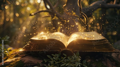 A close-up portrayal of a magically floating book resonating a captivating aura bordered by a uniquely intriguing background - a fusion of illustrators finesse and 3D animation magic photo