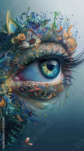 A creatively designed surreal eye encompassed by vibrant magic with intricate details envisioned by a professional illustrator