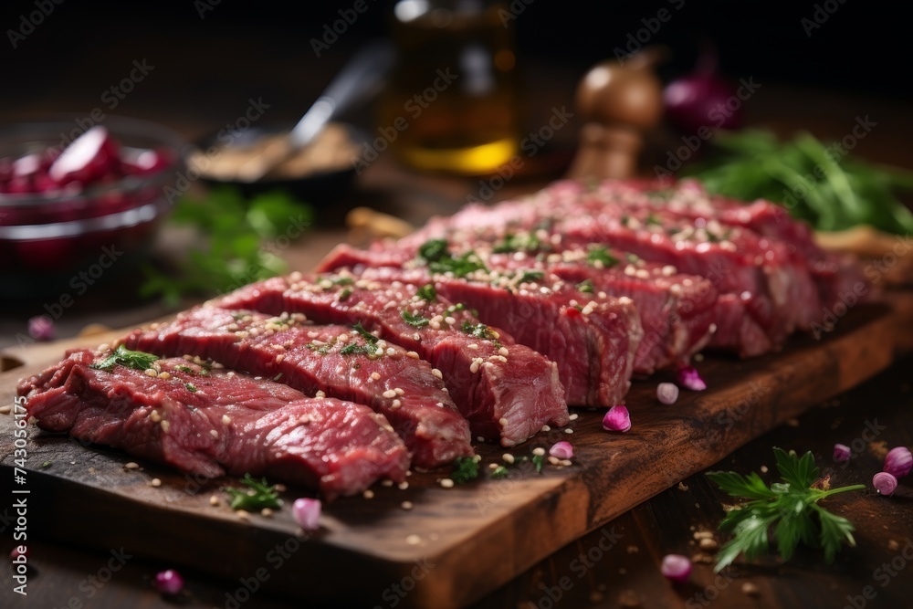 Juicy raw beef steak on wooden cutting board for grilling or cooking, fresh premium meat preparation