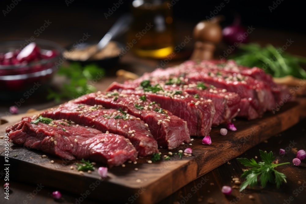 Juicy raw beef steak on wooden cutting board for grilling or cooking, fresh premium meat preparation Juicy raw beef steak on wooden cutting board for grilling or cooking, fresh premium meat preparation