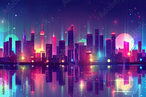 A futuristic city skyline illuminated by neon lights as the backdrop for a lively lifestream event ideally showcased in a sleek modern illustration style