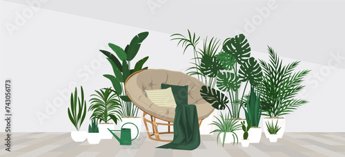 Lounge area interior with comfortable papasan chair and houseplants