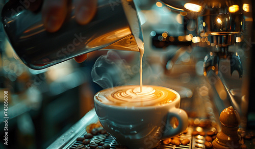 a man person making latte art in a cup of coffee.