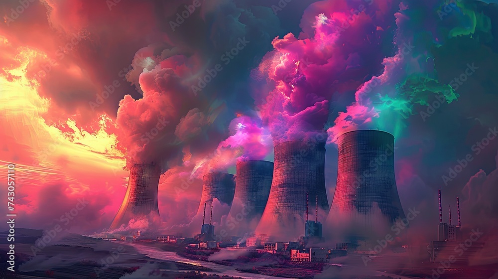 An envisioning of nuclear power through a surrealistic lens with vibrant colors for a unique take on its ethereal energy