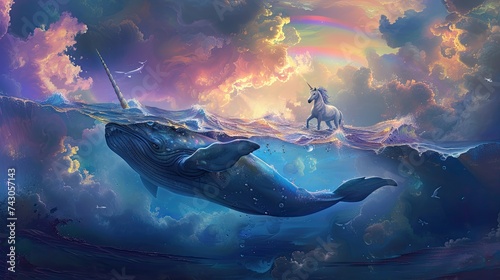 An ethereal surreal backdrop featuring a thriving underwater world where a whale swims elegantly a unicorn gleefully straddling its back against a sky pierced by a brilliant rainbow; all in a 3D photo