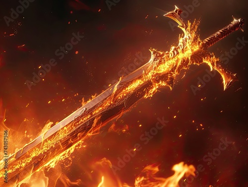 Capture a unique illustration of a sword bathed in a roaring fire Pay great attention to the 3D detailing of the fiery blade that emits a warm haunting glow Create exceptional depth and