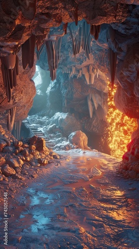 Conceptualize a 3D animation traveling through a haunting cave system