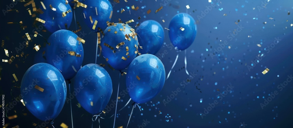 golden blue confetti and blue balloons on dark blue background golden blue confetti and blue balloons on dark blue background