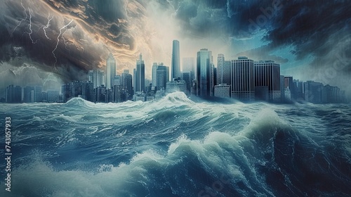 Fabricate a dramatic backdrop showcasing a tsunami rushing towards a coastal city under a storm-ridden sky