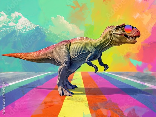 Imagine a dinosaur crossing paths with a rainbow all while donning the trendiest pair of glasses Turn this intriguing vision into a unique illustration a fascinating 3D animation or a stunning © Sataporn