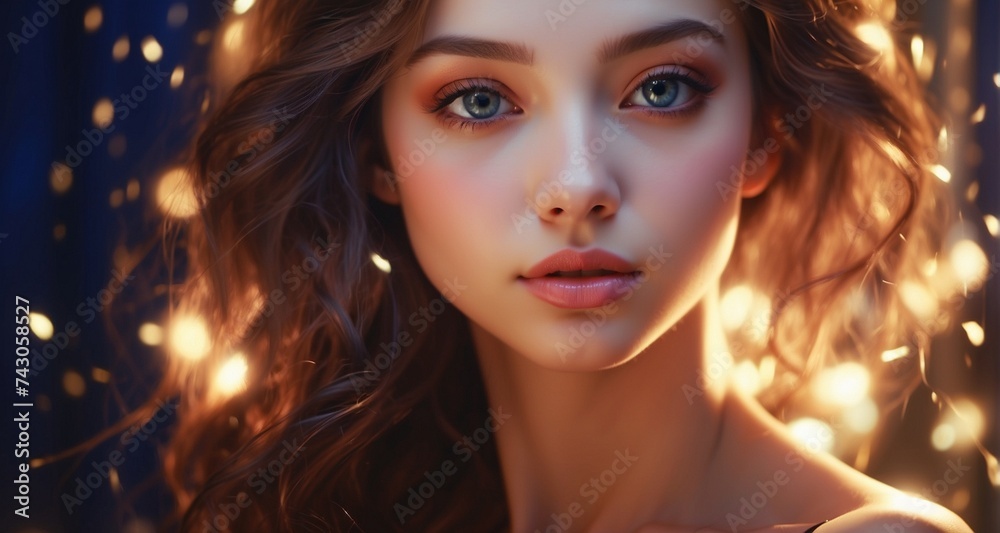 Craft a visually stunning image of a luminous young woman surrounded by soft, diffused light, accentuating the delicate features of her face, the gleam in her eyes-Ai Generative
