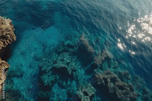 Aerial View of Clear Blue Sea and Coral Reefs.