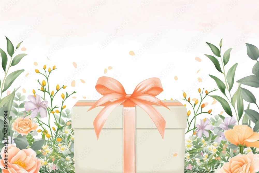 Obraz premium Illustrated Gift Box with Orange Ribbon and Springtime Floral Arrangement.