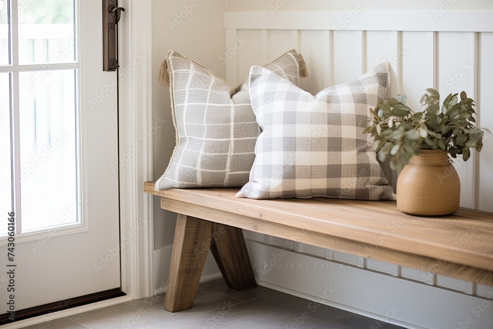 Obraz premium Farmhouse Pillow Comfort: Modern Entryway Designs with Cozy Seating Decor