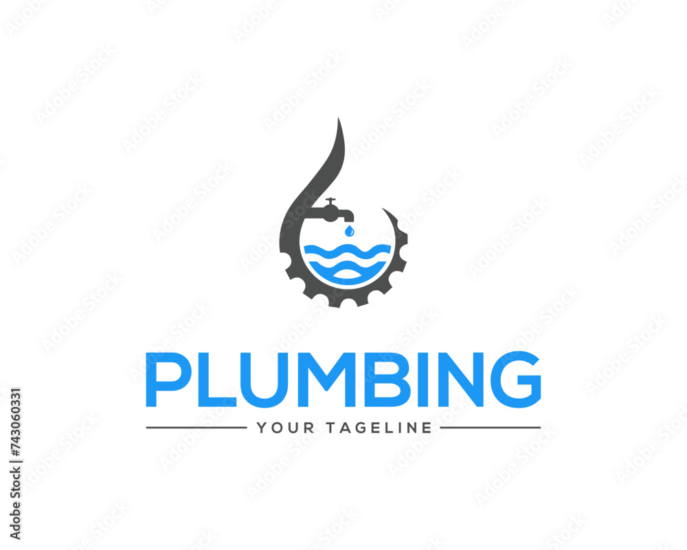 Gear with tap plumbing sign logo design concept vector template.
