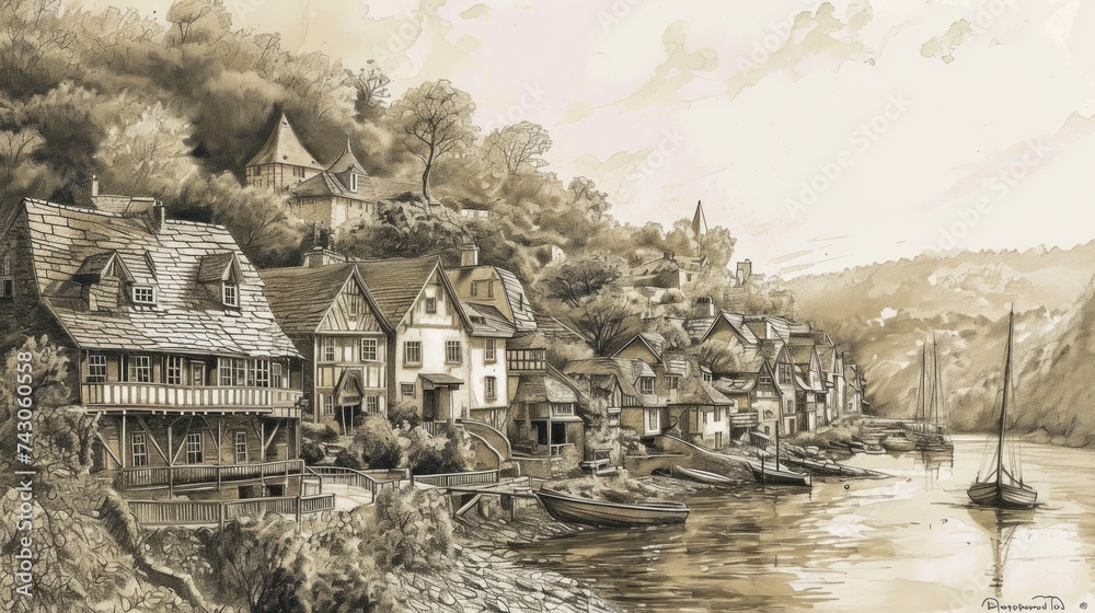 Generative AI Elevated view of a riverside cottage town, charming houses, riverside promenade, scenic landscape, detailed linework