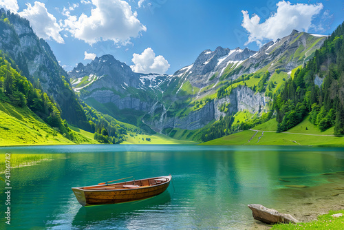 Beautiful view of See alp see mountain lake and boat in Alpstein mountain range on summer at Appenzell  Switzerland