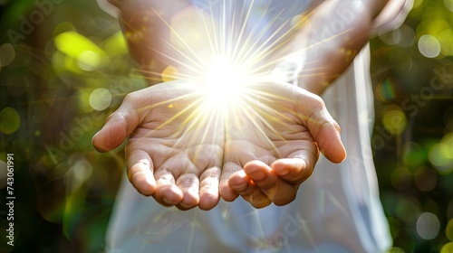 Person Holding Out Hands With Bright Light photo