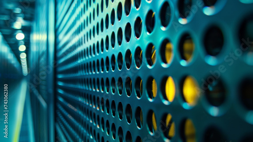 Closeup of a perforated metal surface with a blurred background, featuring a play of blue tones and orange light reflections creating a bokeh effect.