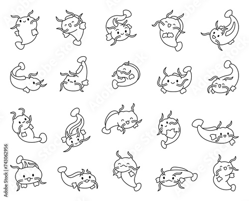 Cute kawaii catfish in different poses. Coloring Page. Funny cartoon aquatic animal character. Hand drawn style. Vector drawing. Collection of design elements.