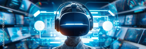 A futuristic center to help customers with virtual reality, a person in a virtual headset looks at a database, banner