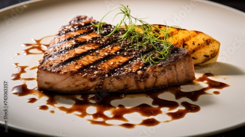 Grilled tuna steak on white dish Generative AI