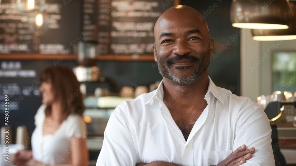 Fototapeta premium A confident entrepreneur with crossed arms stands in his cafe, with a barista working in the background.