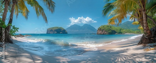 A picturesque tropical beach with palm trees set against a backdrop of majestic mountains, azure waters, and clear skies perfect for a relaxing coastal getaway