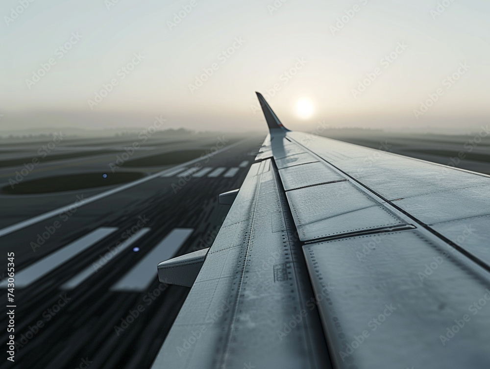 Dynamic close up view of an airplanes wing during takeoff skys gradient in the background Dynamic close up view of an airplanes wing during takeoff skys gradient in the background