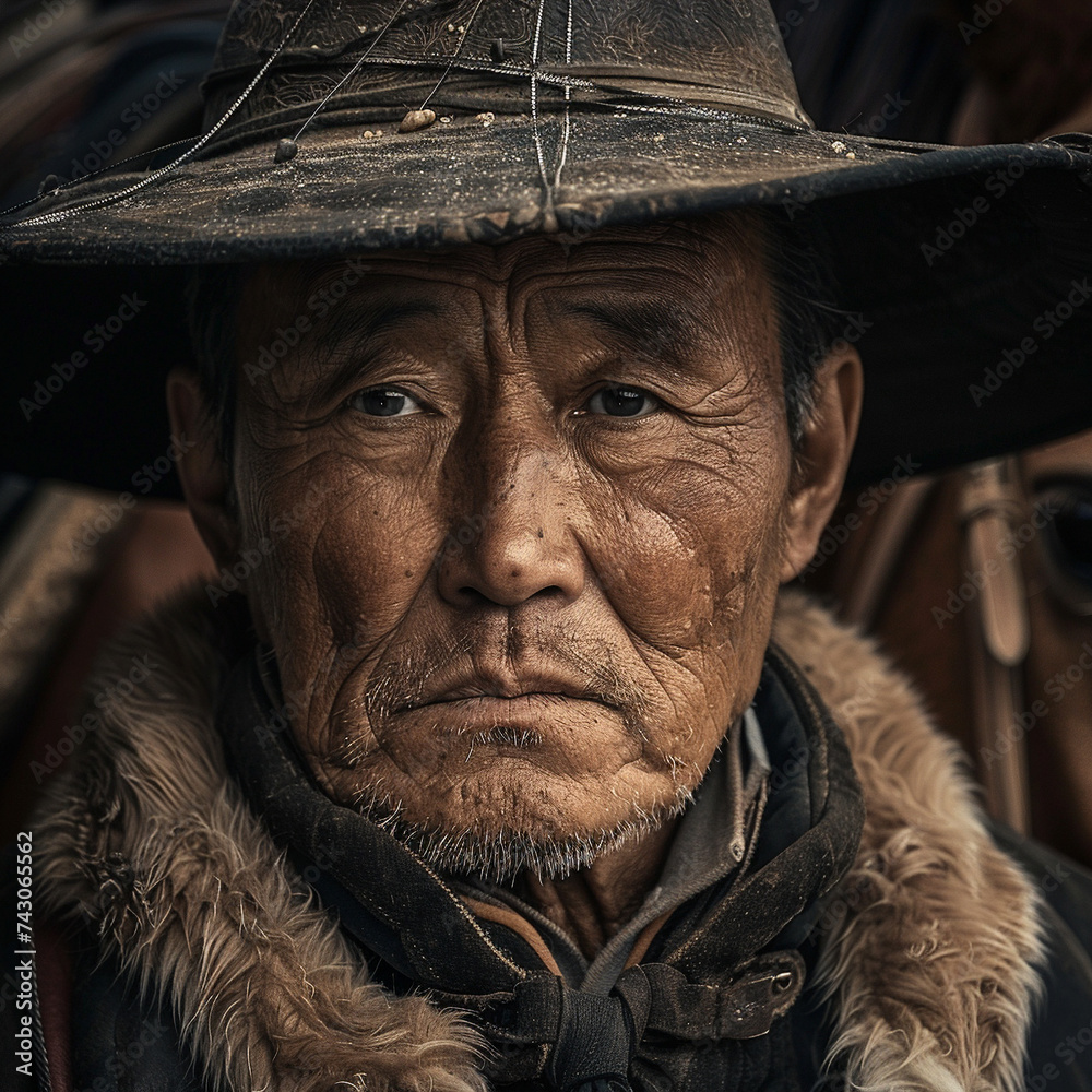Intimate portrait of a Chinese horseman determination in his eyes the landscape reflecting centuries of tradition Intimate portrait of a Chinese horseman determination in his eyes the landscape reflecting centuries of tradition