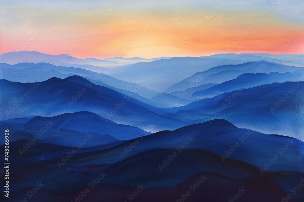 Majestic mountains glow softly as dawn breaks over the horizon, Generative AI