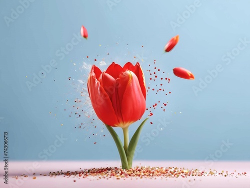Outburst of red tulip flower closeup. Ingenious, innovative, unordinary spring floral concept, naturalistic composition with free space, 8 march photo