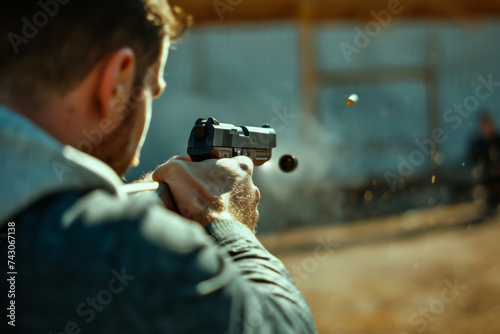 A man at a shooting range. Backdrop with selective focus and copy space