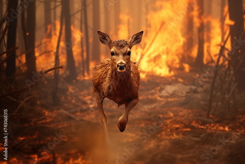 Fawn runs away from fire in the forest. Nature's fury unleashed: a haunting scene of a forest consumed by flames, a stark reminder of the power and devastation of wildfires
