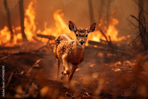 Fawn runs away from fire in the forest. Nature s fury unleashed  a haunting scene of a forest consumed by flames  a stark reminder of the power and devastation of wildfires